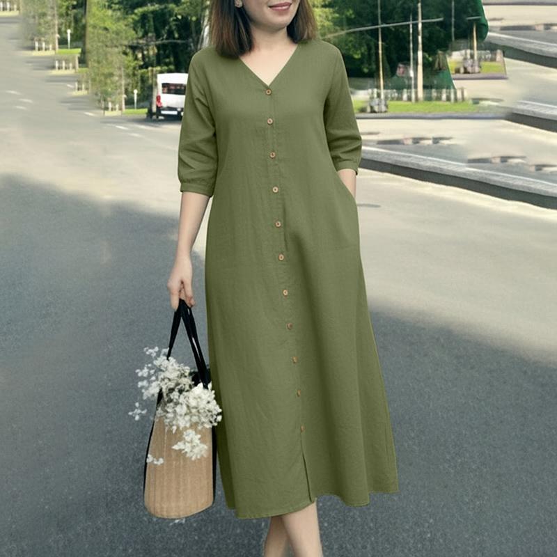 ZANZEA Women CasuaL V-Neck Summer 3/4 Sleeve Dress