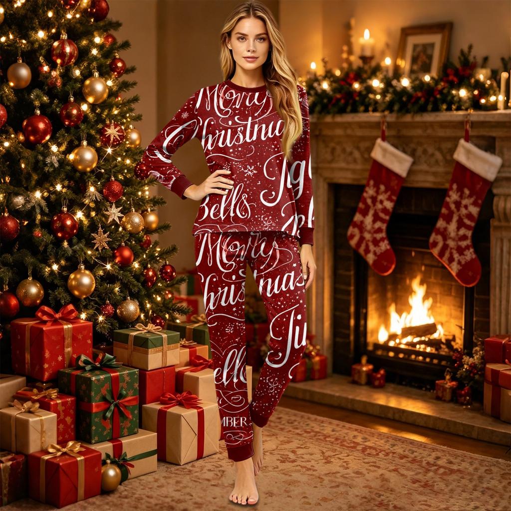 Christmas Print Long Sleeve and Pants Family Matching Loungewear Set for Adults and Kids