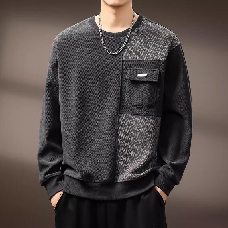 Men's American Retro Brushed Jacquard Patchwork Round Neck Sweatshirt
