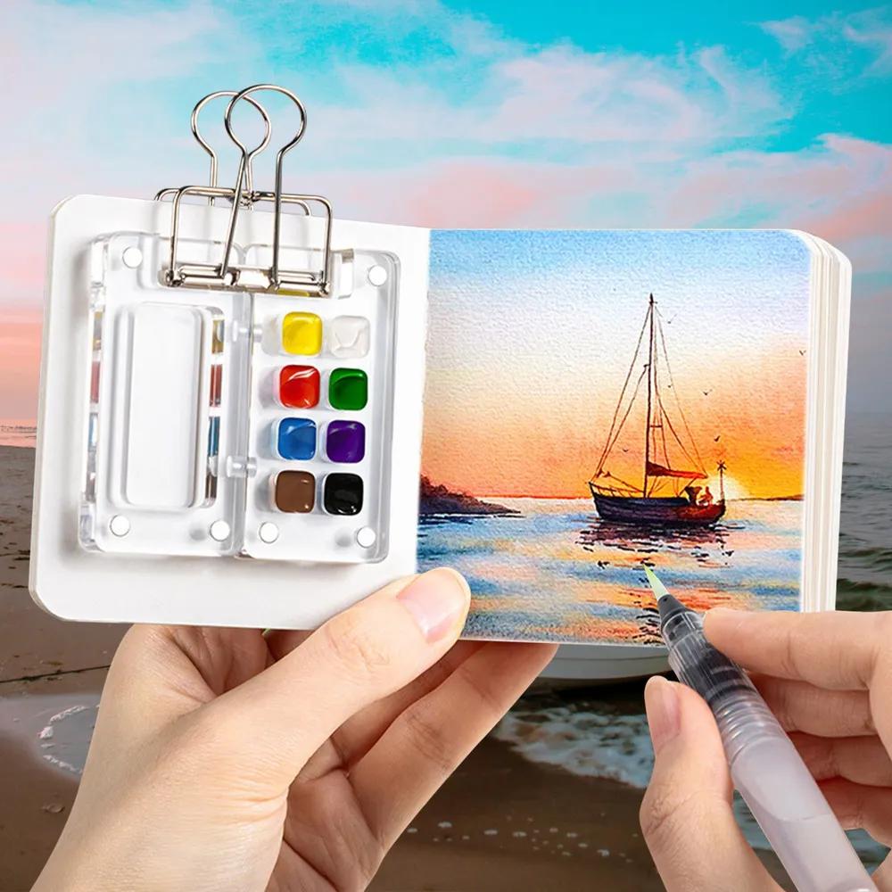 Travel portable painting set mini watercolor paint acrylic box portable ledger sketchbook color palette small drawing board