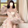 Pure desire wind sweet floral dress women's early autumn new design sense niche small man waist thin short skirt