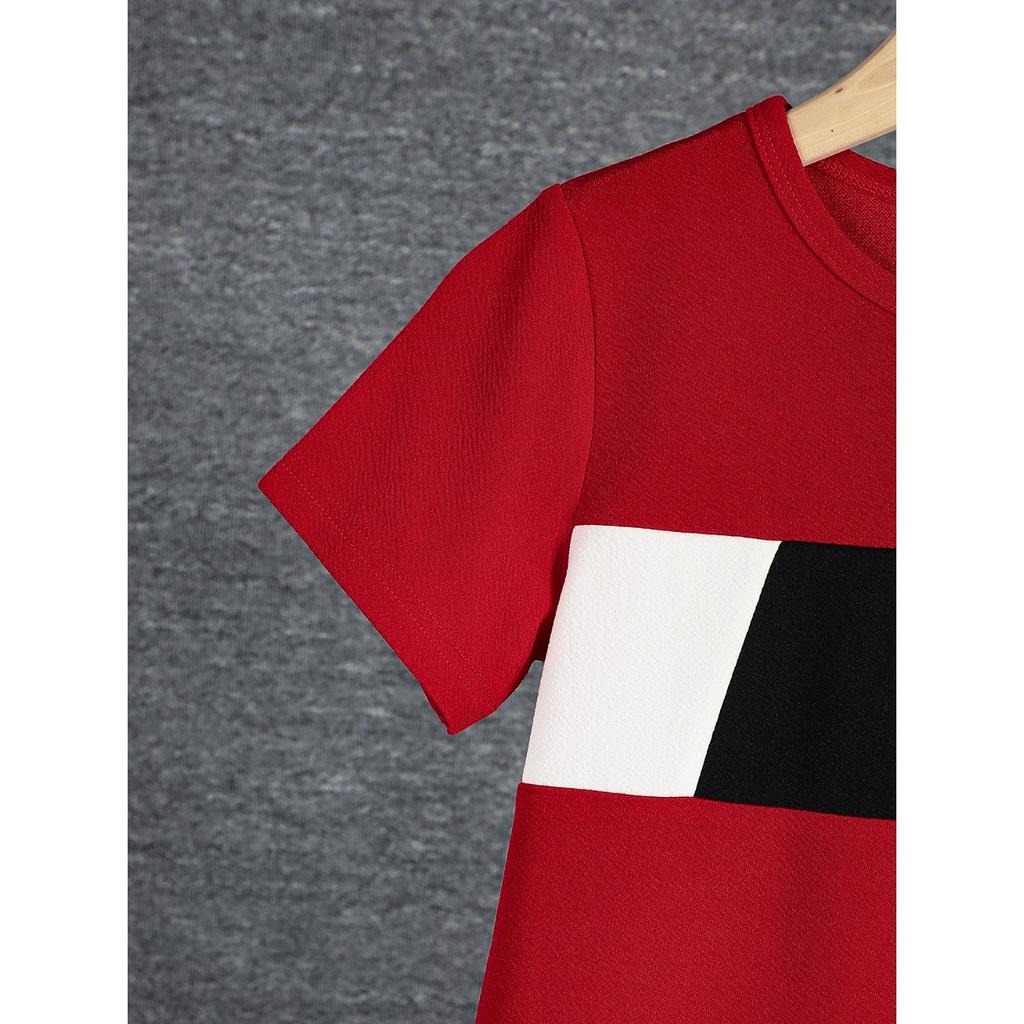 2pcs Boys Casual Colorblock Short Sleeve T-shirt & Shorts Set, Comfy Summer Kids Clothes