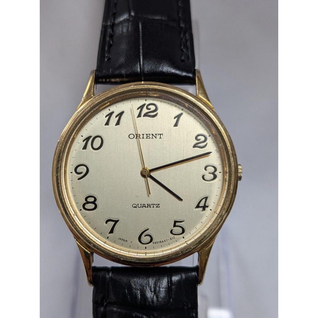 Used ORIENT Quartz Men's Watch Gold Dial Black Leather Strap