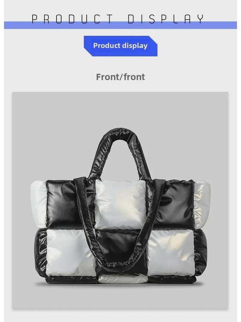 Women's Lightweight Black and White Checkered Tote – Soft, Down-Filled Shoulder Bag