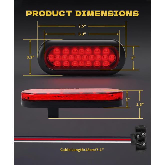 6" Red Oval 24 Led Trailer Tail Lights Waterproof Sealed 6 Inch Stop/Turn/Tail Light Boat Trailer Lights [DOT Certified], Include Grommets 3-Prong