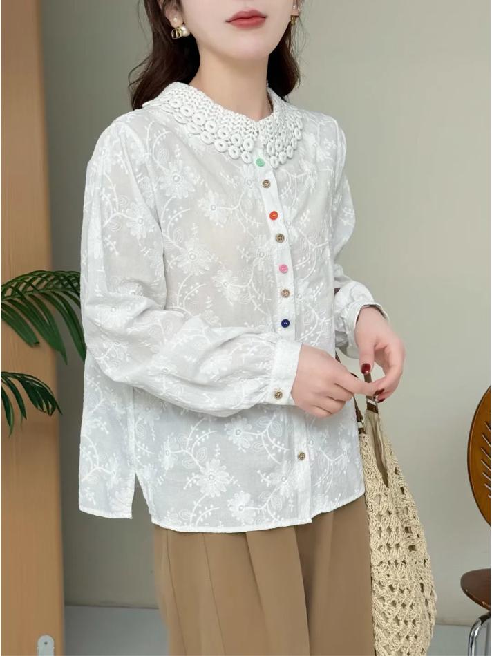 Women's Mori Girl Style Embroidered White Long-Sleeve Shirt with Hollowed Collar & Colorful Buttons - Slimming & Versatile Design