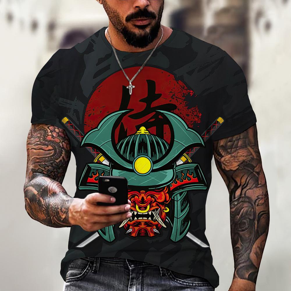 Harajuku Samurai Tattoo Men's T-shirt Fashion Art Mask Round Neck Short Sleeve Punk Clothing Shirt