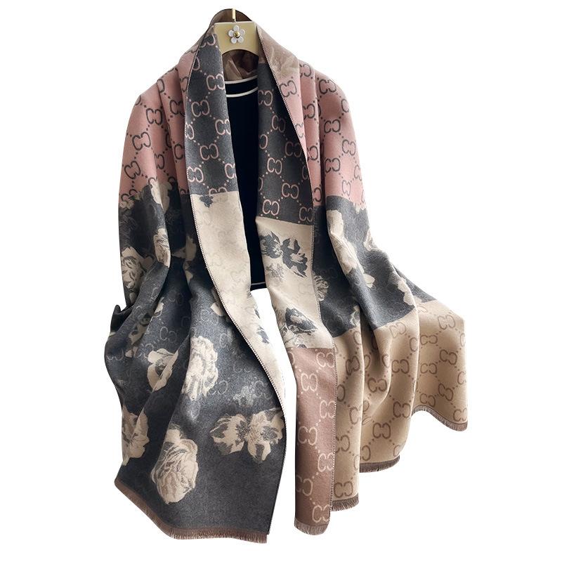 Short Beard Tassel Korean Version Of The Letter Camellia Splicing Fashion Versatile Confident Women Imitation Cashmere Thickened Scarf