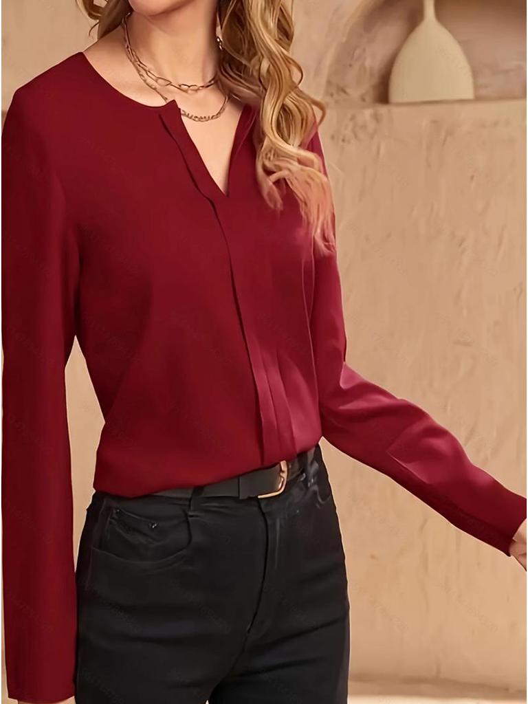 2023 Herbst/Winter Damen Einfarbiges V-Ausschnitt Langarmshirt