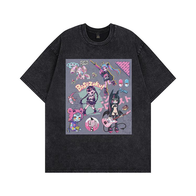 Kanye American trend retro washing water cartoon short-sleeved vintage old loose round neck men's and women's same T-shirt