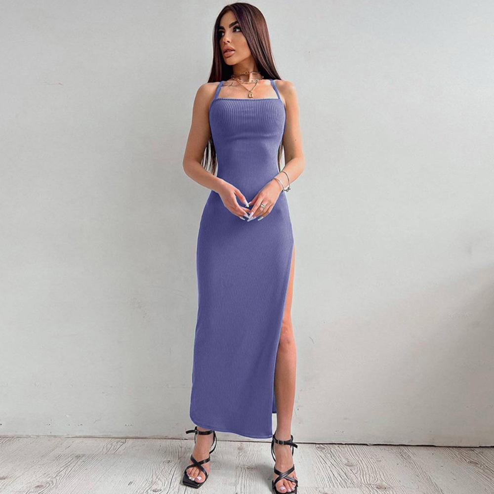 Zomer Sexy Hoge Split Halterjurk Slim Fit Mouwloze Jurk Modieuze Dames Comfortabele Effen Kleur Jurk