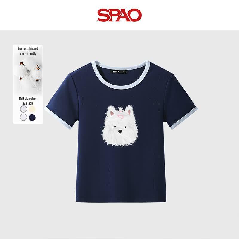 SPAO Women s Retro Color Block Puppy Graphic Slim Fit T-Shirt L