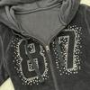 Womens Hooded Zip-Up Sweatshirt With Rhinestone Letter Print Streetwear Long Sleeve Casual Top