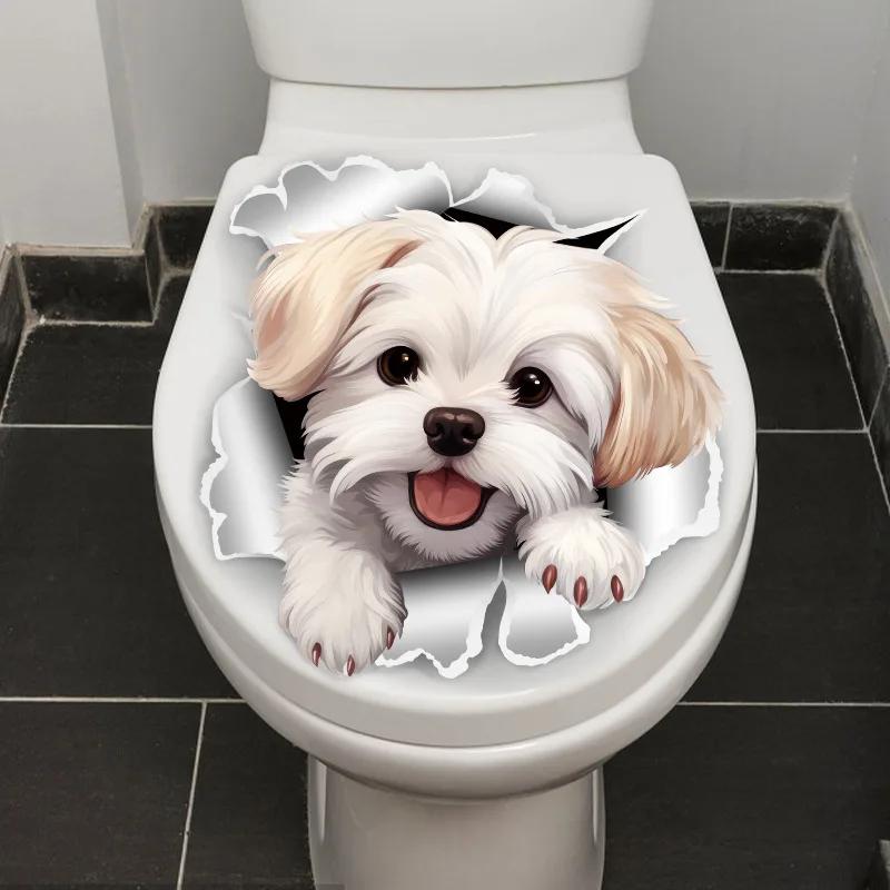 White Dog Toilet Stickers Door Stickers Wall Sticker Waterproof Self-adhesive Decals Bathroom Decoration Sticker 2025 Wholesale