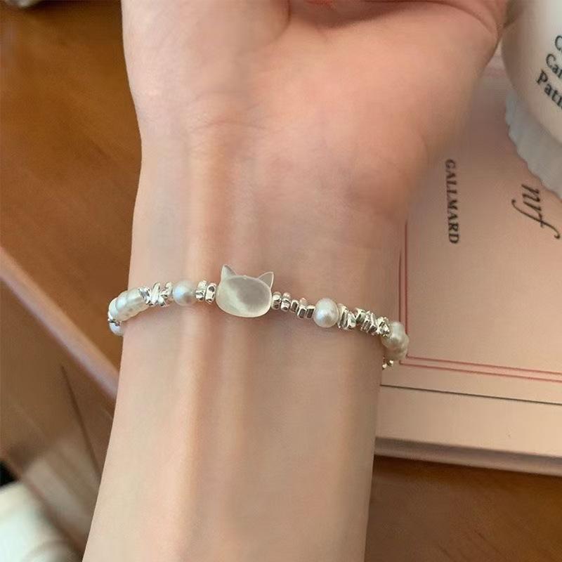 2026 Women's Luxury Cat Silver Bracelet with Pearls – Trendy Gift for Best Friend