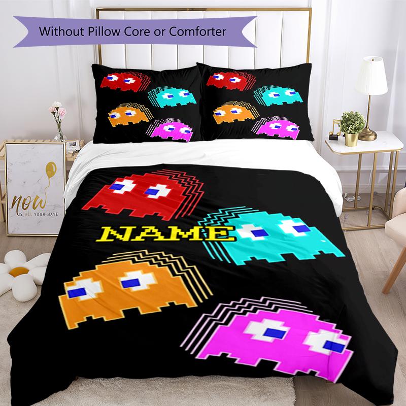 3pcs Custom Name Pac Man Bedding Set Duvet Cover Closure Includes 1 Duvet Cover & 2 Pillowcases, Soft and Comfortable for All Seasons.