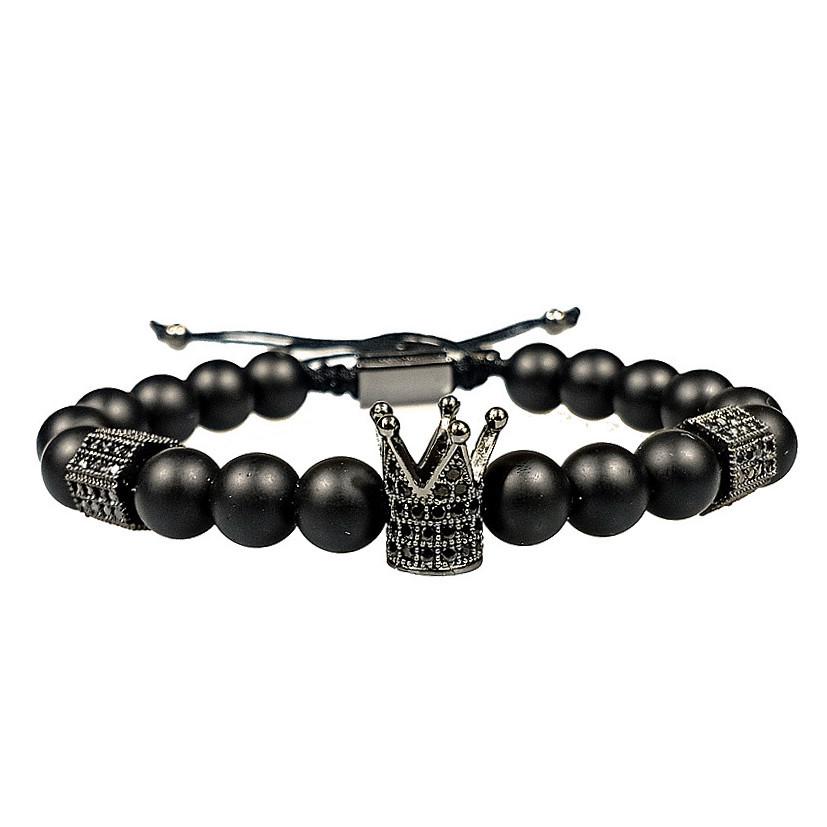 Men's Black Matte Skull Bracelet Set with Zirconia Crown Beads