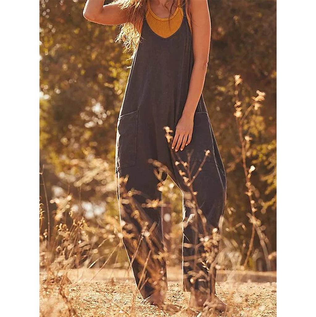 Damen Verstellbarer Träger Jumpsuit Lässig Locker Ärmellos Harem Romper mit Taschen