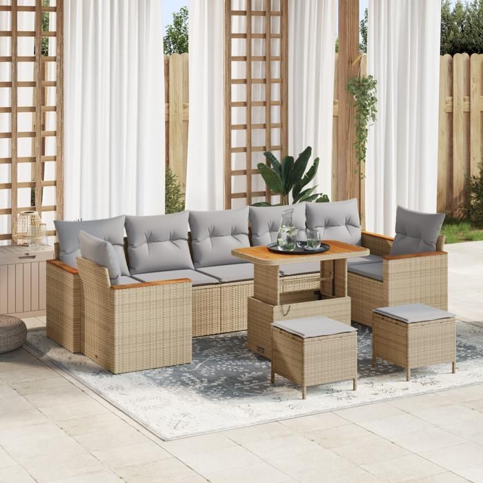 Ensemble de Canapés de Jardin de 10 Pièces avec Coussins Beige Rattan Poly Acajou, Ensemble de Salle à Manger de Jardin 3 3364982