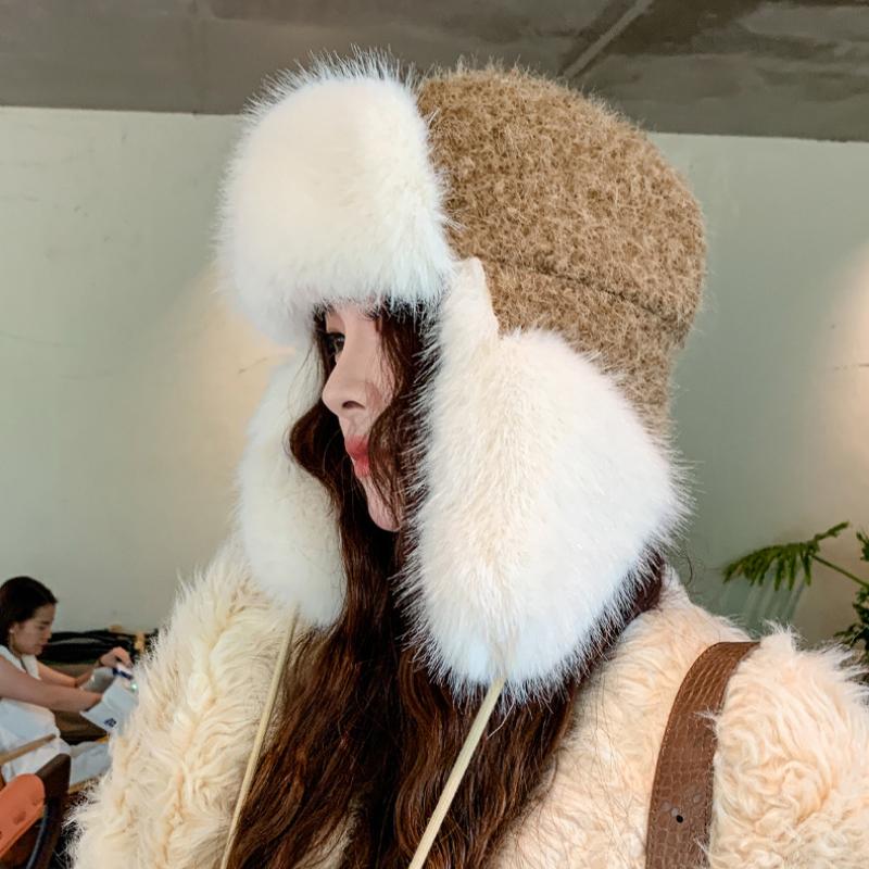 Winter Warm Plush Hat Trendy Faux Fur Hooded Scarf Solid Color Coldproof Neck Gaiter Warm Hats Cycling Neck Warmer for Women Female