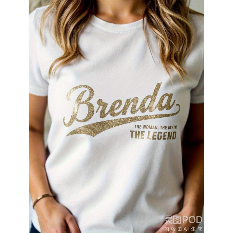 

European Size Women S White Glitter Graphic T-Shirt - Name Brenda in Golden Lettering, Casual Short Sleeve Crew Neck Top 4XL