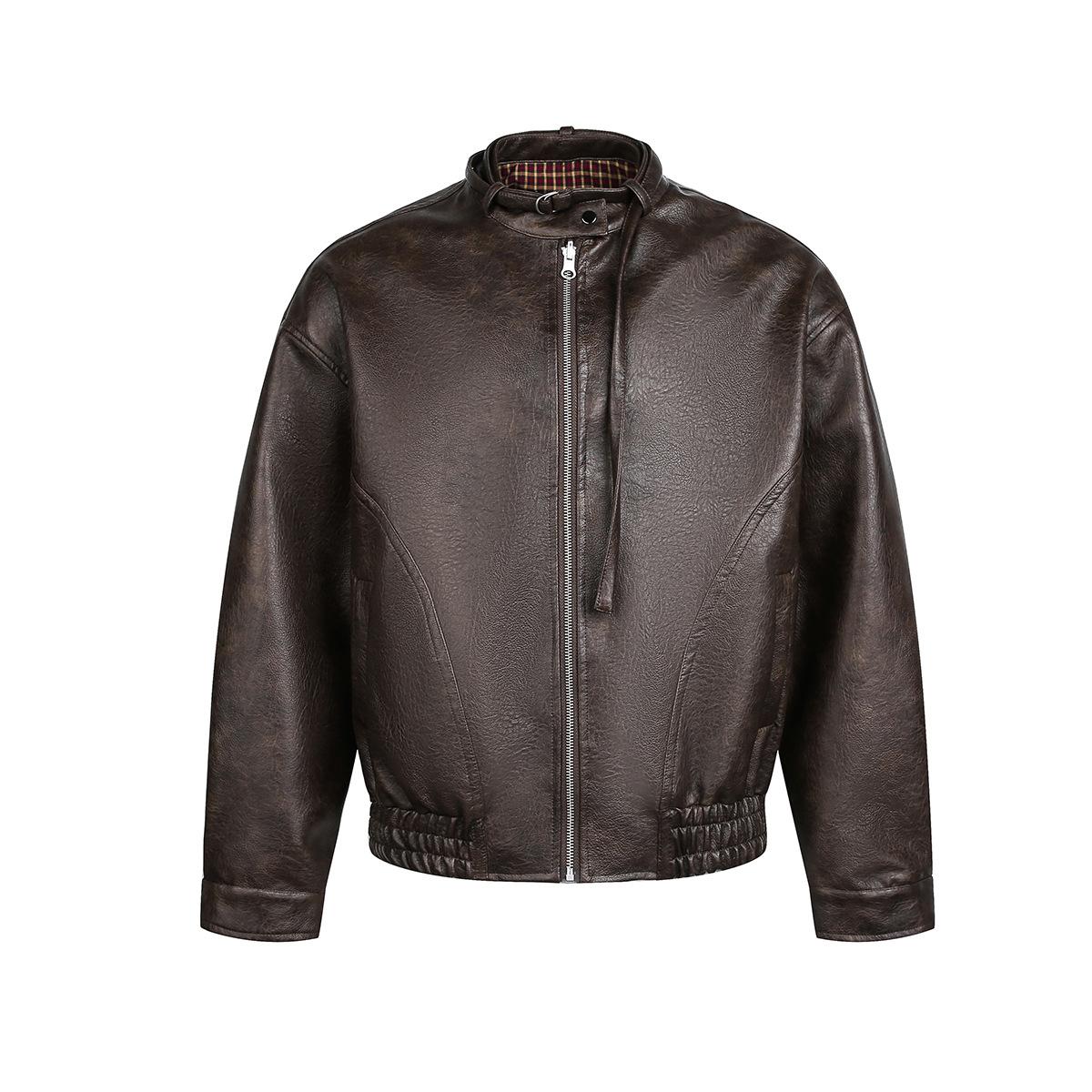 Tide brand American retro fashionable old pu leather jacket locomotive jacket stand-up collar jacket ruffian handsome M темно-коричневого