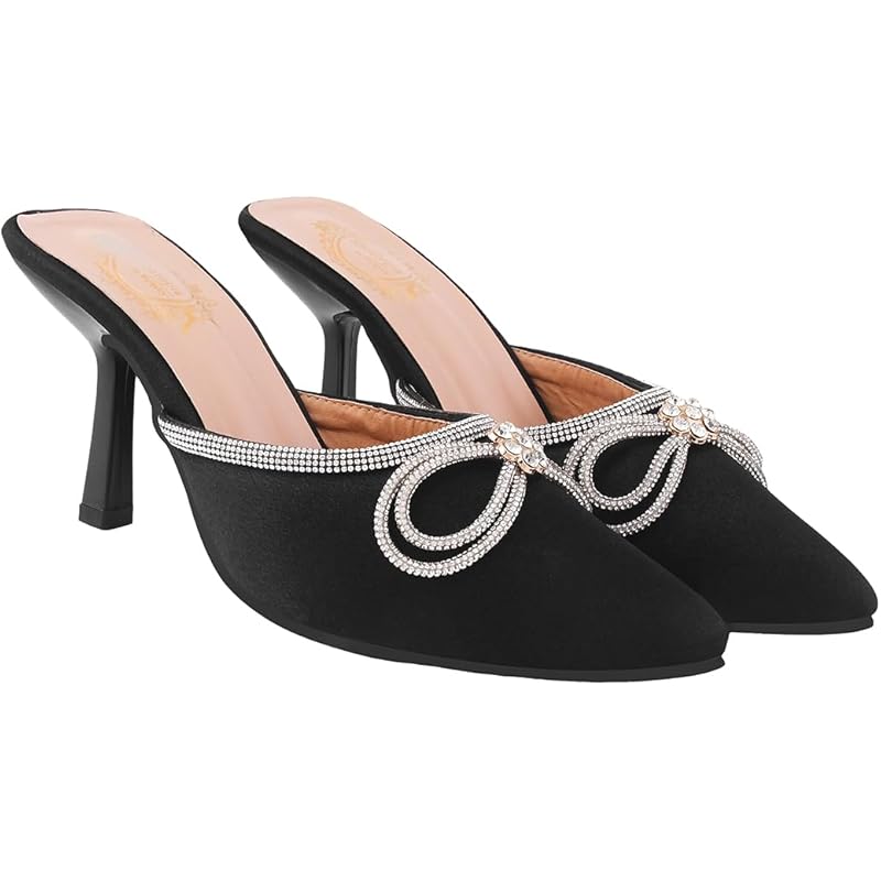 Shoetopia Women'S Black Elegant Ivory Satin Mule Heels With Crystal Bow  Pointed Toe Slip-On Dress Rhinestone For Party