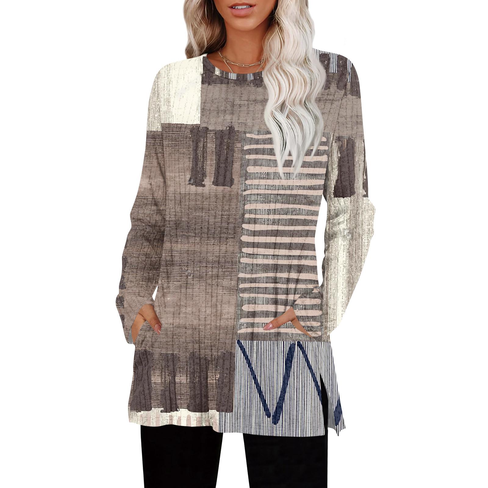 

Womens Sweaters Crewneck Long Sleeve Shirts With Pockets Fall Outfits Fashion Winter Clothing Side Slit L верблюд