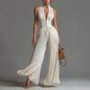 Women's Sleeveless High Neck Pleated Wide Leg Jumpsuit High Waist Elegant Solid Color Party Jumpsuit