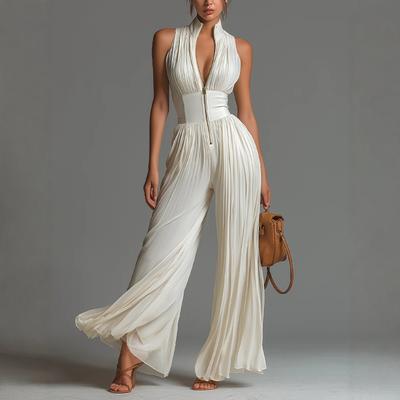 Women's Sleeveless High Neck Pleated Wide Leg Jumpsuit High Waist Elegant Solid Color Party Jumpsuit