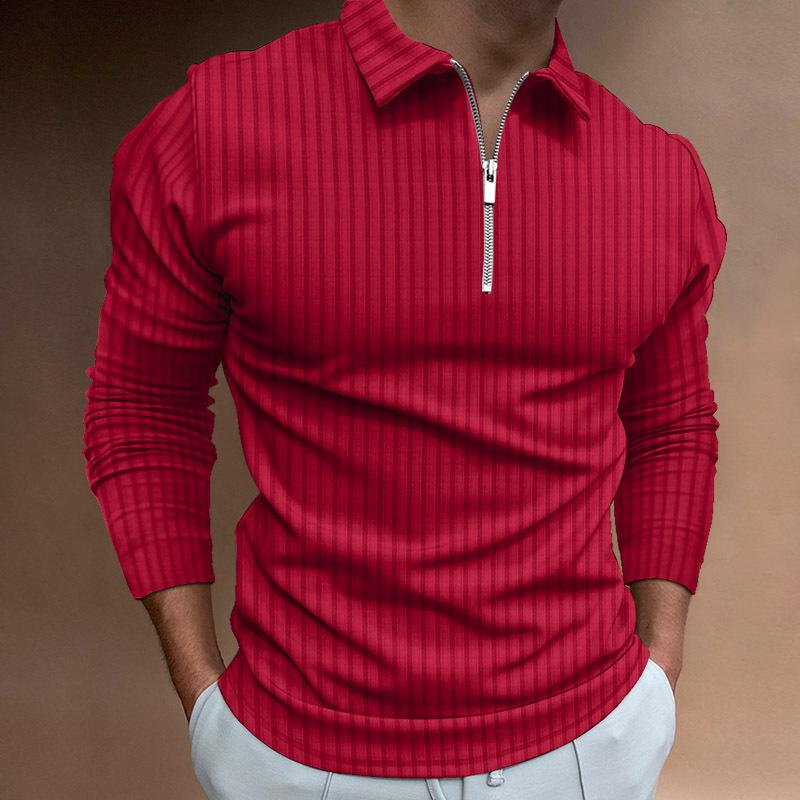 New Polo Shirt with Zipper and Stripes - Long-Sleeved Men's Polo Shirt