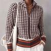 Womens Houndstooth Hooded Zip Up Thick Loose Knit Cardigan Sweater Outerwear