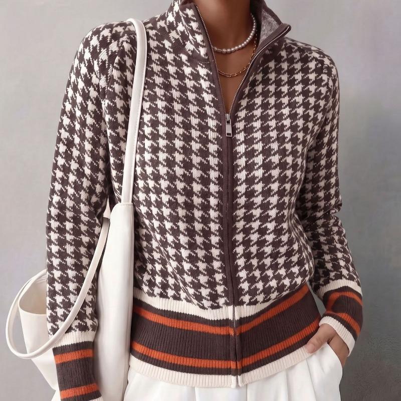 Womens Houndstooth Hooded Zip Up Thick Loose Knit Cardigan Sweater Outerwear