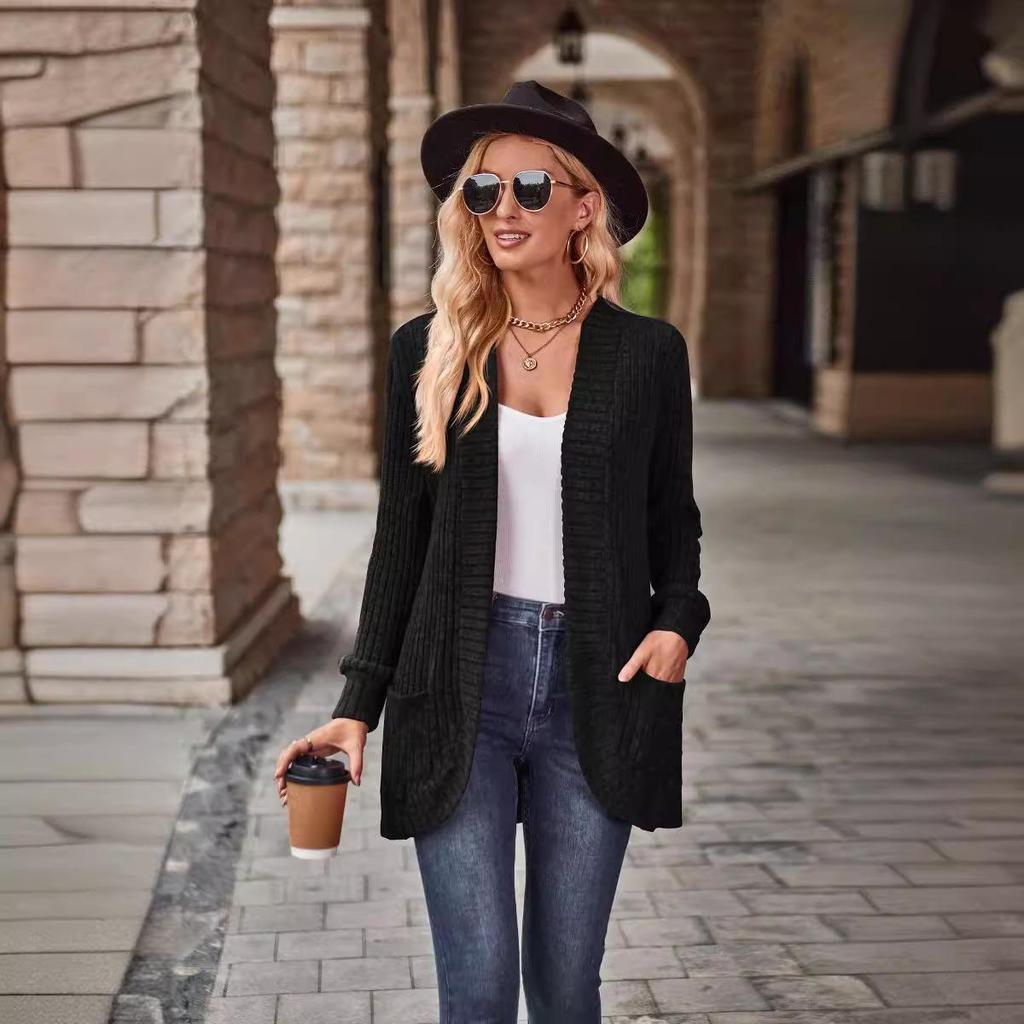 Cardigan a maglia tinta unita da donna per primavera e autunno, cardigan alla moda con tasche, top giacca, comodo, morbido, taglie forti