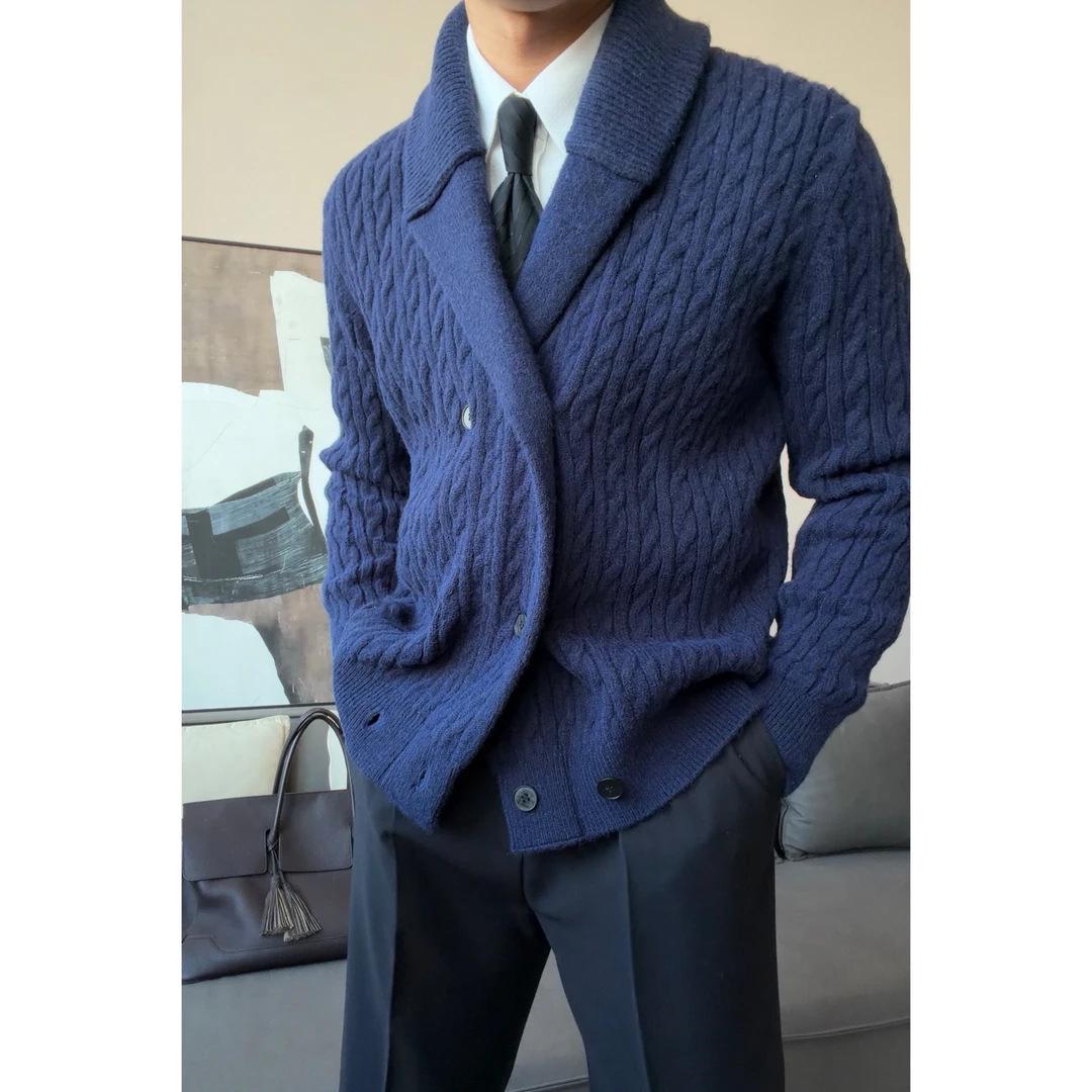 Мужская ретро-трикотажная куртка Ruishen Осень/Зима: Повседневный деловой стиль, Расслабленный стиль «старых денег» L темно-синий