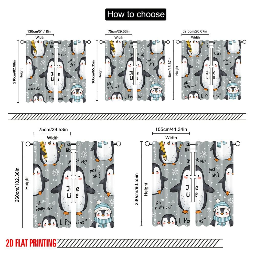 2pcs 2D Flat Printing Curtain Penguins Like Snowflakes Gift Polyester Without Electricity Festive Curtains Perfect for Indoor