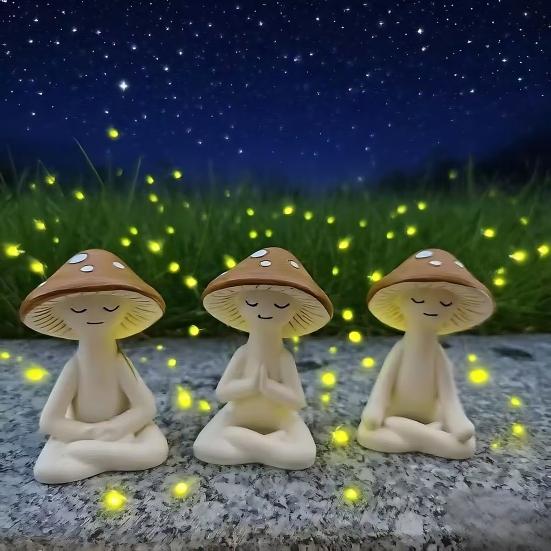 3Pcs/Set Meditation Mushroom Statue Sitting Mushroom Man Figurine Resin Sculpture Home Office Desktop Decoration Ornament