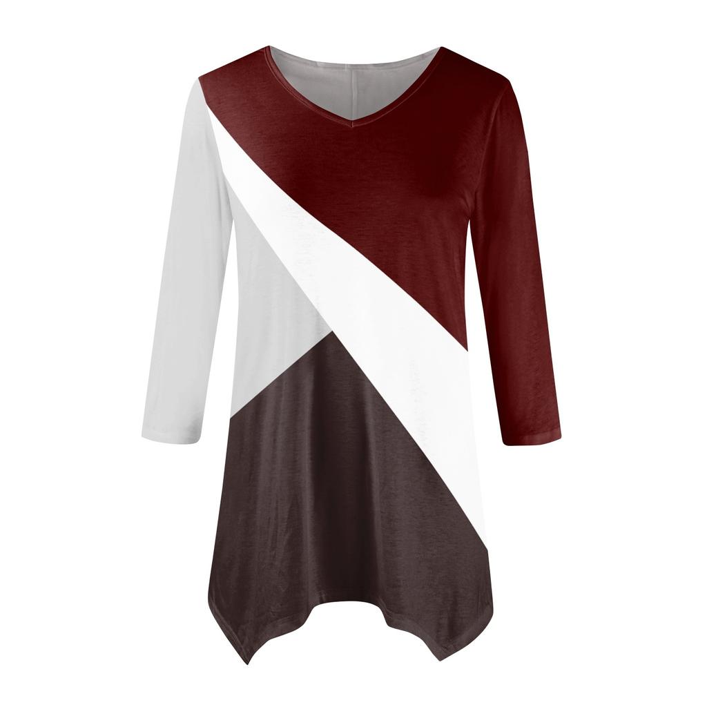 Moda Donna Casual Scollo a V Colore a Contrasto Stampato Manica a Sette Punti Camicia Cinturata Top Ampio Confortevole