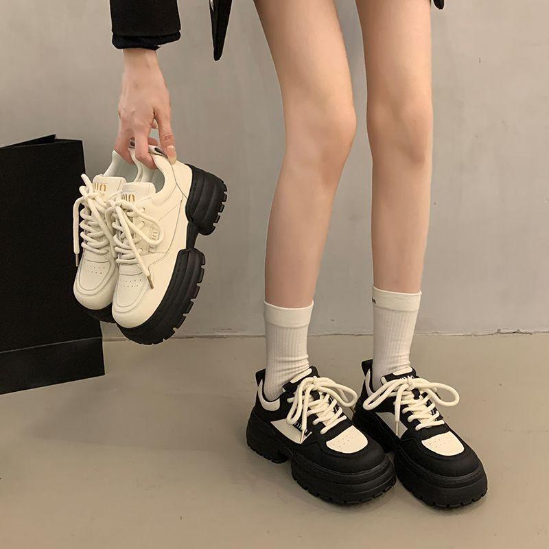 heightened thick baseplate shoes women's spring new muffin casual sports dad shoes lace-up versatile single shoes women's