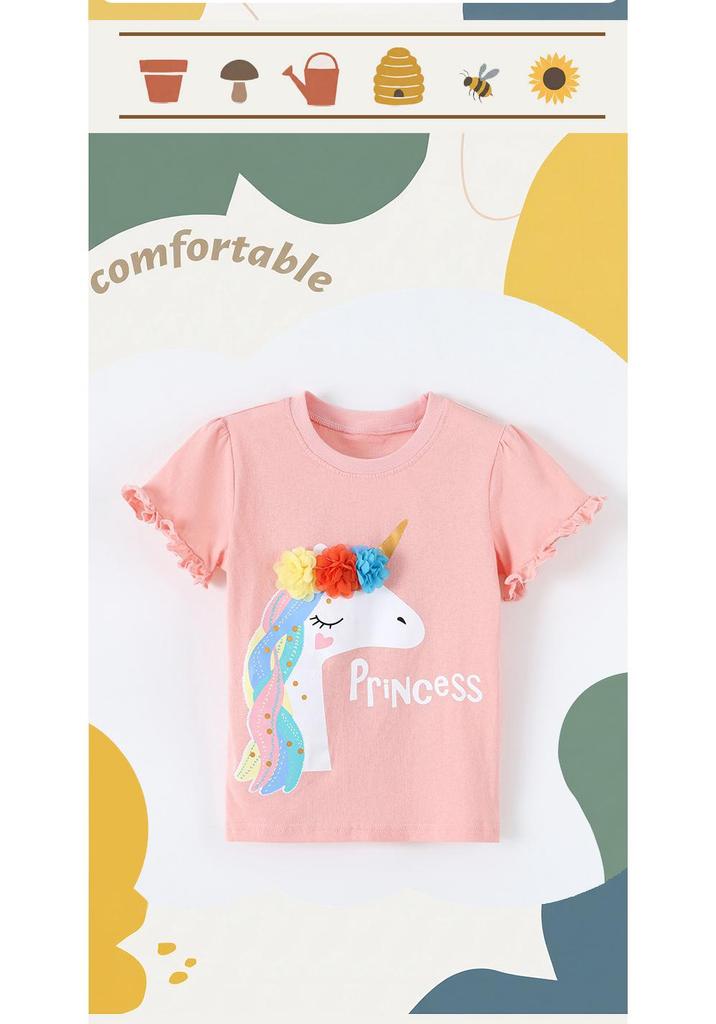 Girls' 3D Flower Print Short-Sleeve T-shirt - European & American Style, Round Neck, Summer 2026 Collection
