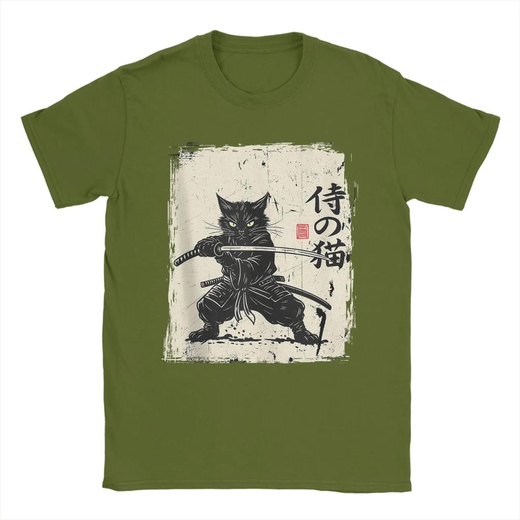 Vintage Anime Cat Japanese Art Funny Samurai Cat T Shirts Men's Cotton Vintage T-Shirt Round Neck Tees Short Sleeve Tops 5XL 6XL