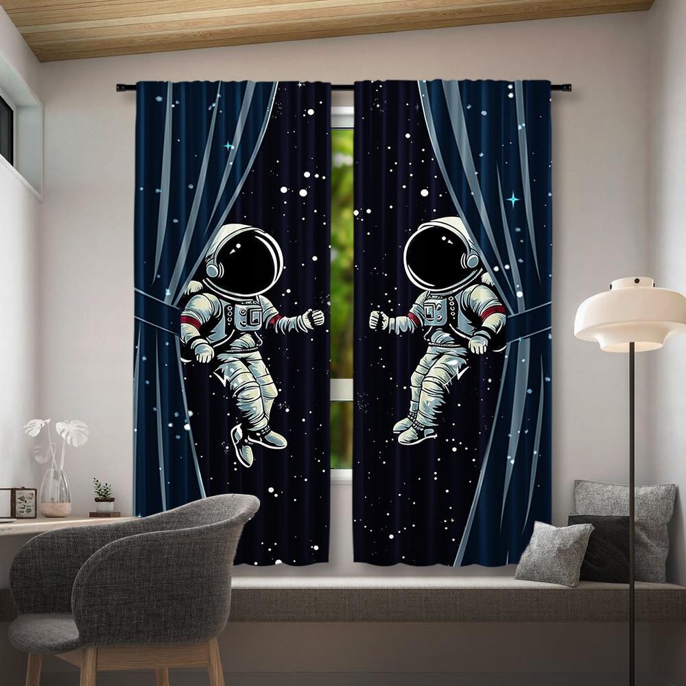 2pcs Astronaut Blackout Curtains   Suitable For Bedroom & Living Room - Modern Polyester Rod Pocket Curtains - Semi-Sheer