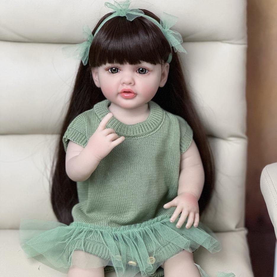 Papusa Renascuta Fetita Corp din Silicon 55 CM 22 Inch Realista Realista Printesa Toddler Bebe Jucarie cu Par Long Maro