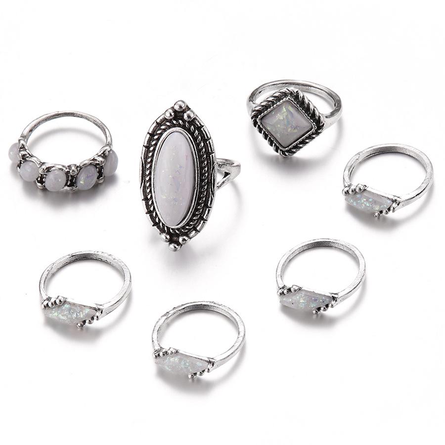 Retro Opal Seven-Piece Gemstone Ring Set - European  American Fashion Jewelry New Arrival