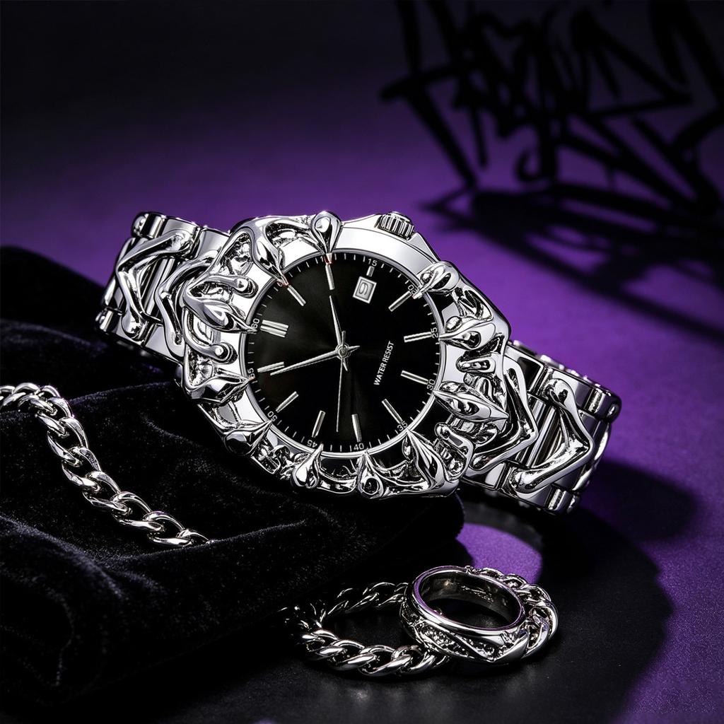 Mens Punk Style Quartz Watch Unique Claw Design Metal Bracelet Watches Waterproof with Date