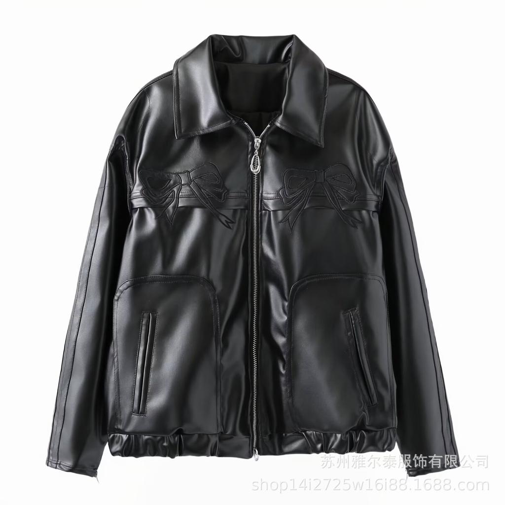 New Autumn Products, Women's Clothing, European and American Style French Design Fashion, Sweet and Cool Bow, Black Leather Jacket, Women's Coat