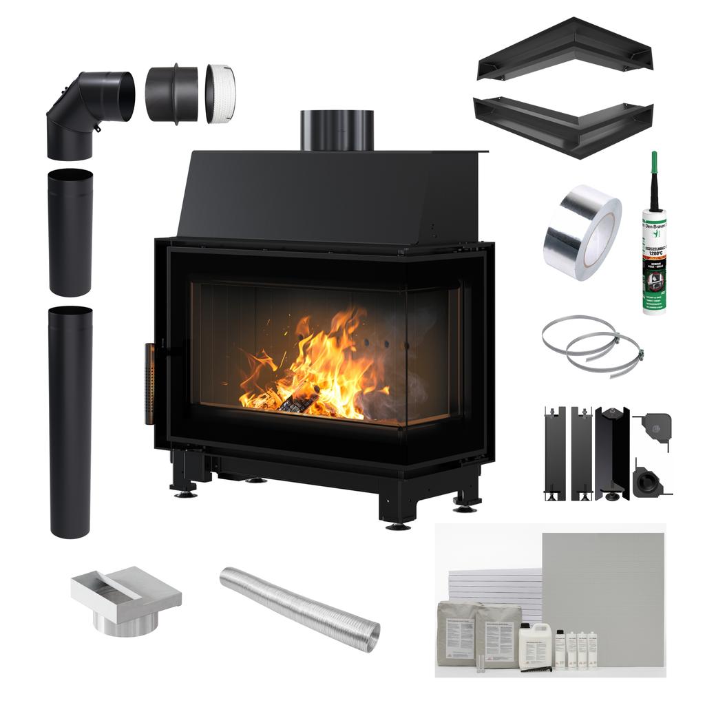 KRATKI SIMPLE Right Steel Air Fireplace 6 kW Ø 150 black lining