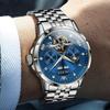 OLEVS Men's Mechanical Automatic Winding Watch with Moon Phase, Stylish Skeleton Design, Waterproof, Luminous Hands, Blue