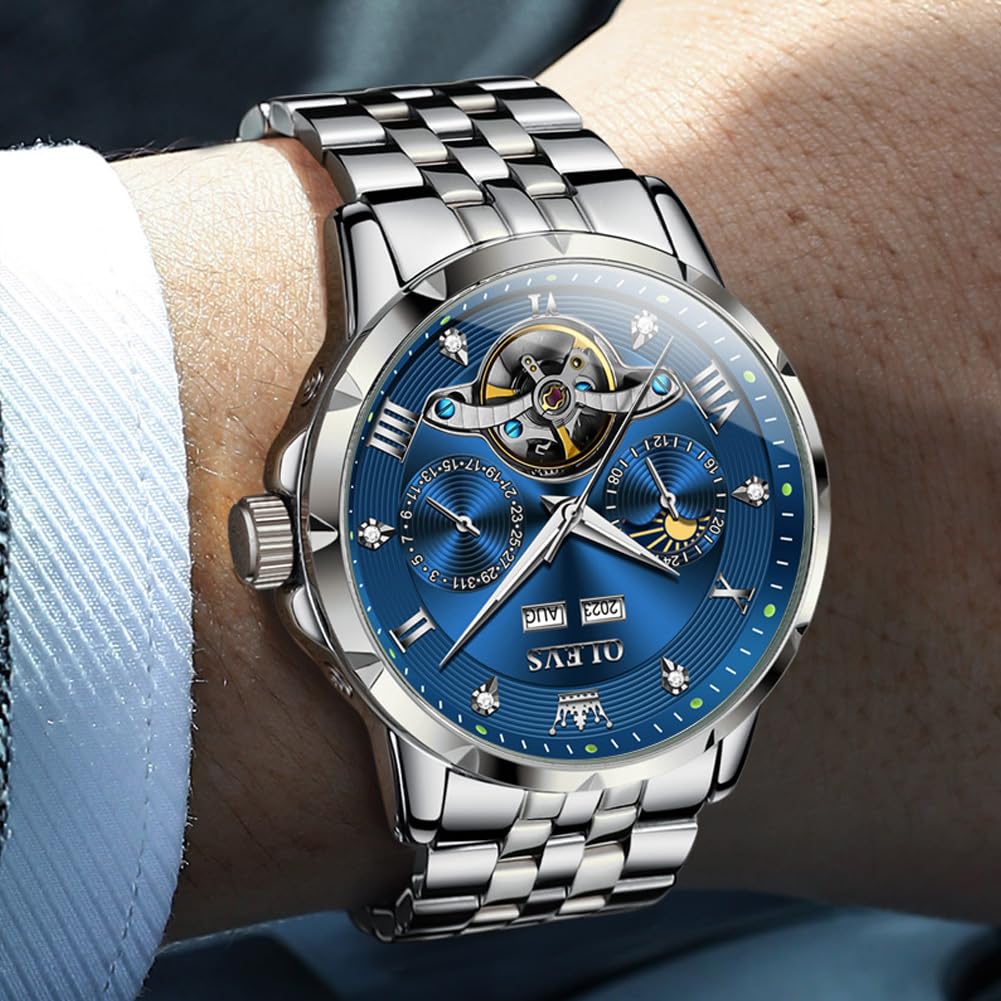 OLEVS Men's Mechanical Automatic Winding Watch with Moon Phase, Stylish Skeleton Design, Waterproof, Luminous Hands, Blue