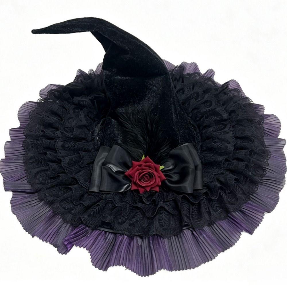 Black Green Purple Halloween Witch Hat Rose Bowknot Pointed Hat Witch Cosplay Hat  Halloween Party